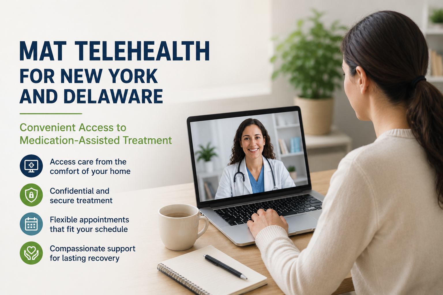 Patient attending a MAT telehealth appointment for medication-assisted treatment in New York and Delaware